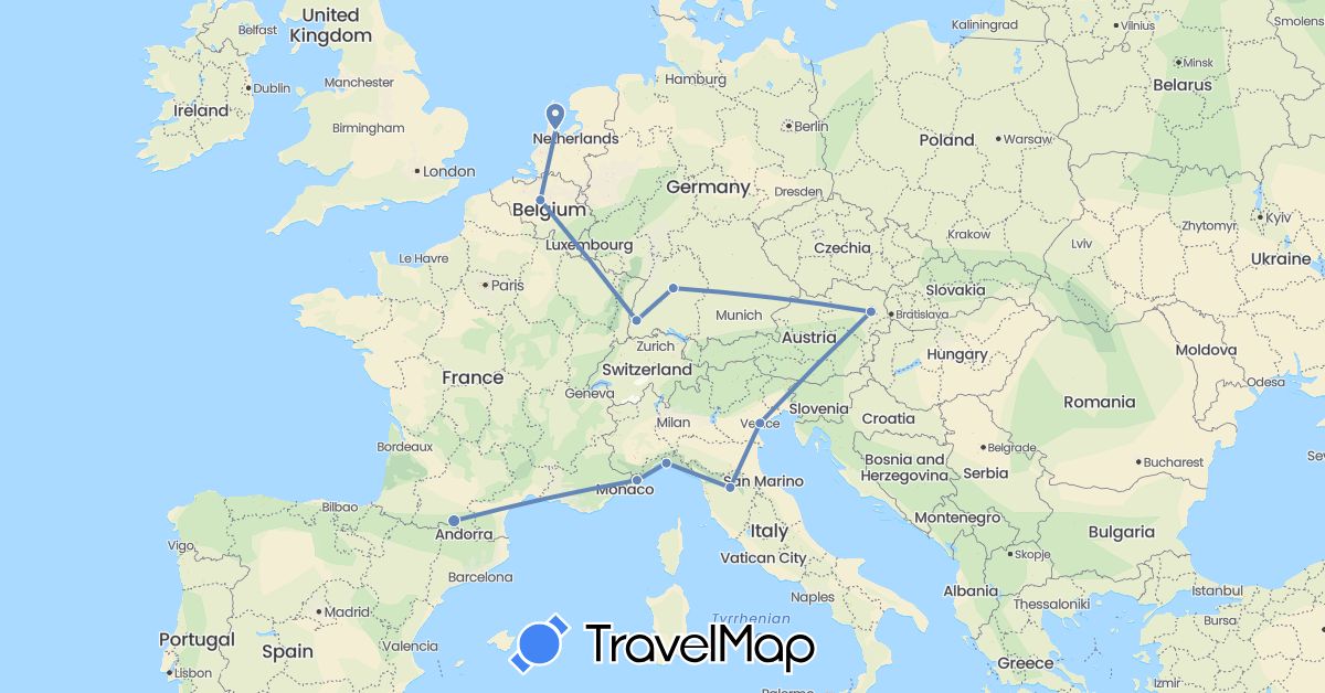 TravelMap itinerary: cycling in Austria, Belgium, Germany, France, Italy, Netherlands (Europe)